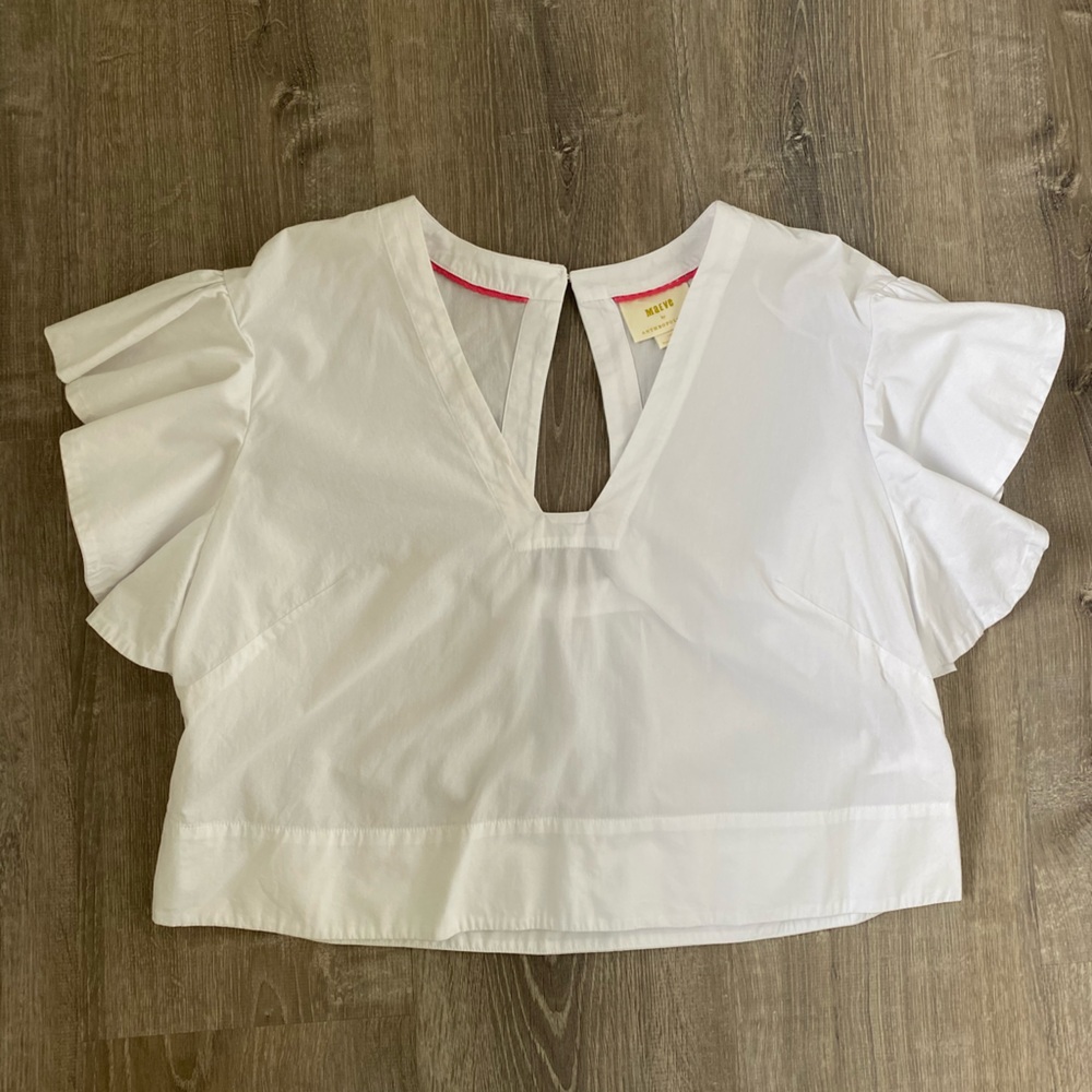 Boho Maeve by Anthropologie cropped flutter sleeve v neck whimsical top | size L - Picture 6 of 9